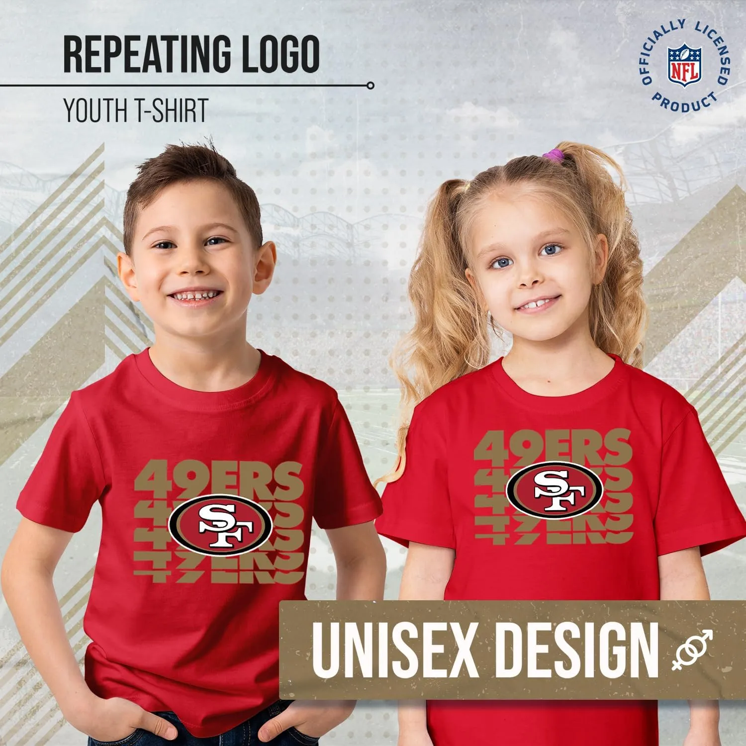 Team Fan Apparel NFL Youth Repeating Logo Football T-Shirt Unisex Tag Free Comfortable, Kids Boys Girls, Lightweight Soft