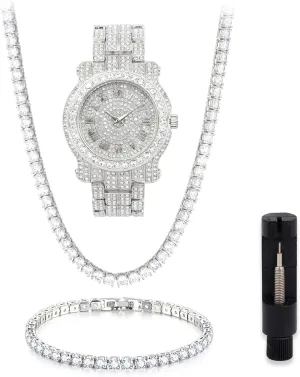 Techno Pave Mens Iced Out Metal Band Watch & Bling-ed Out Jewelry Set