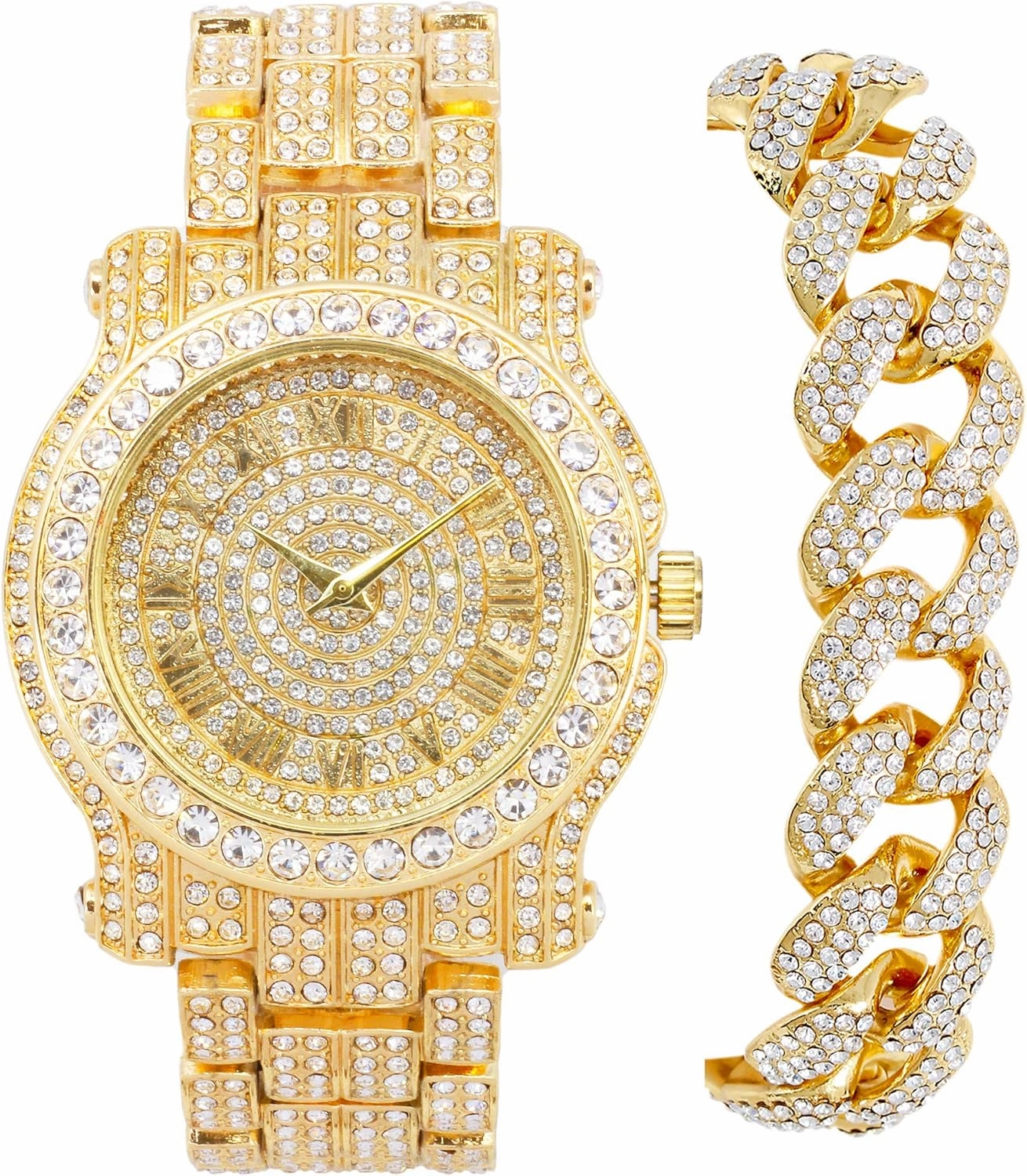 Techno Pave Men's 45mm Iced Out Roman Dial Watch & Bracelet Set