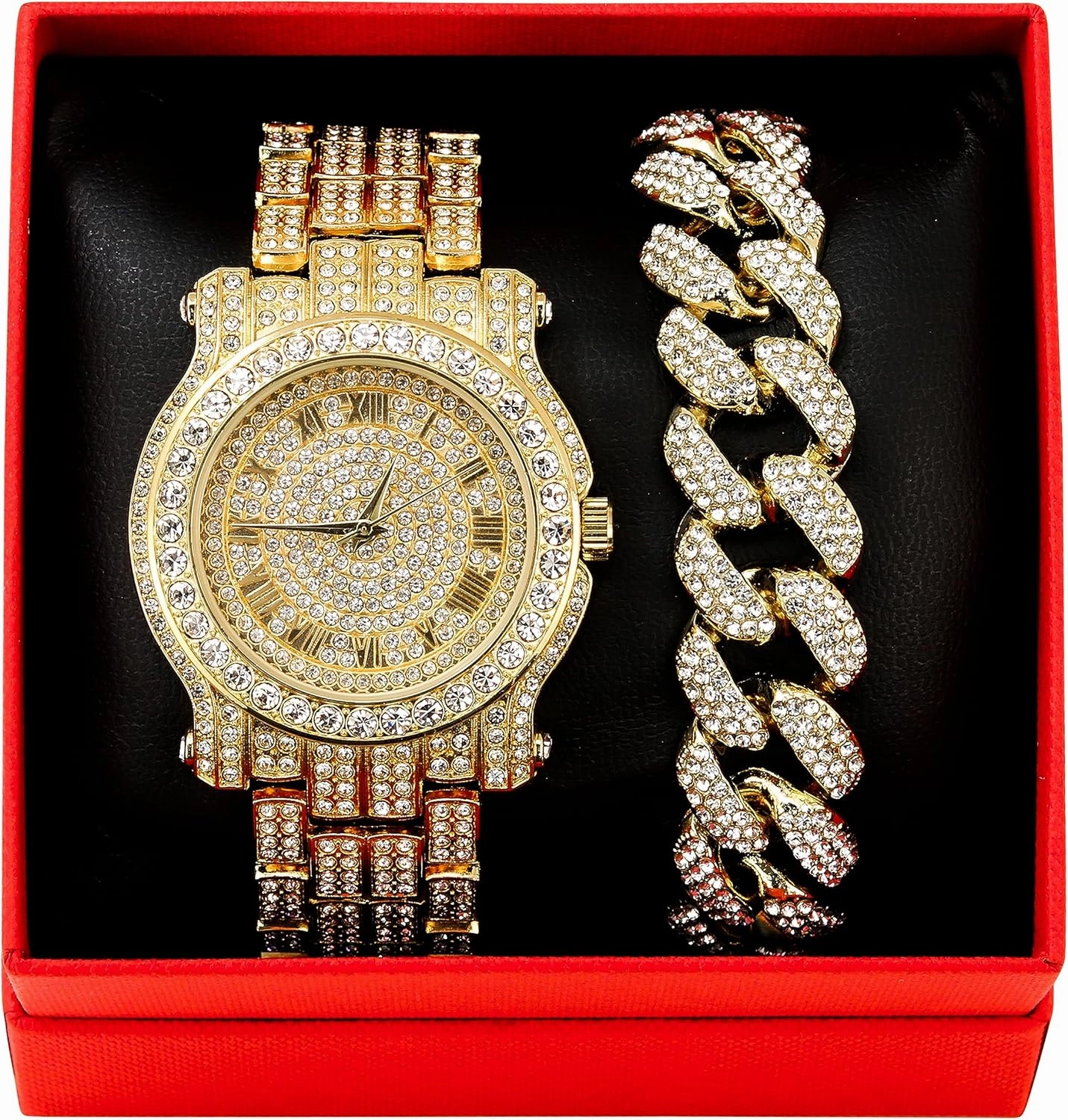 Techno Pave Men's 45mm Iced Out Roman Dial Watch & Bracelet Set