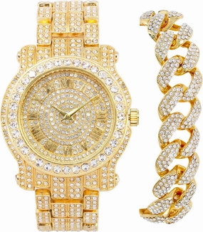 Techno Pave Men's 45mm Iced Out Roman Dial Watch & Bracelet Set