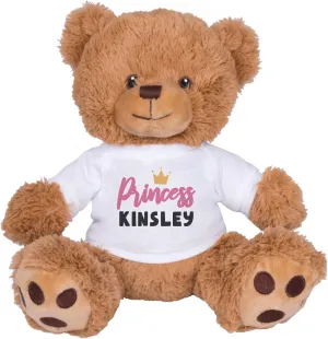 TeesAndTankYou Princess Kinsley Bear: 8 Inch Brown Teddy Bear Stuffed Animal with White Shirt