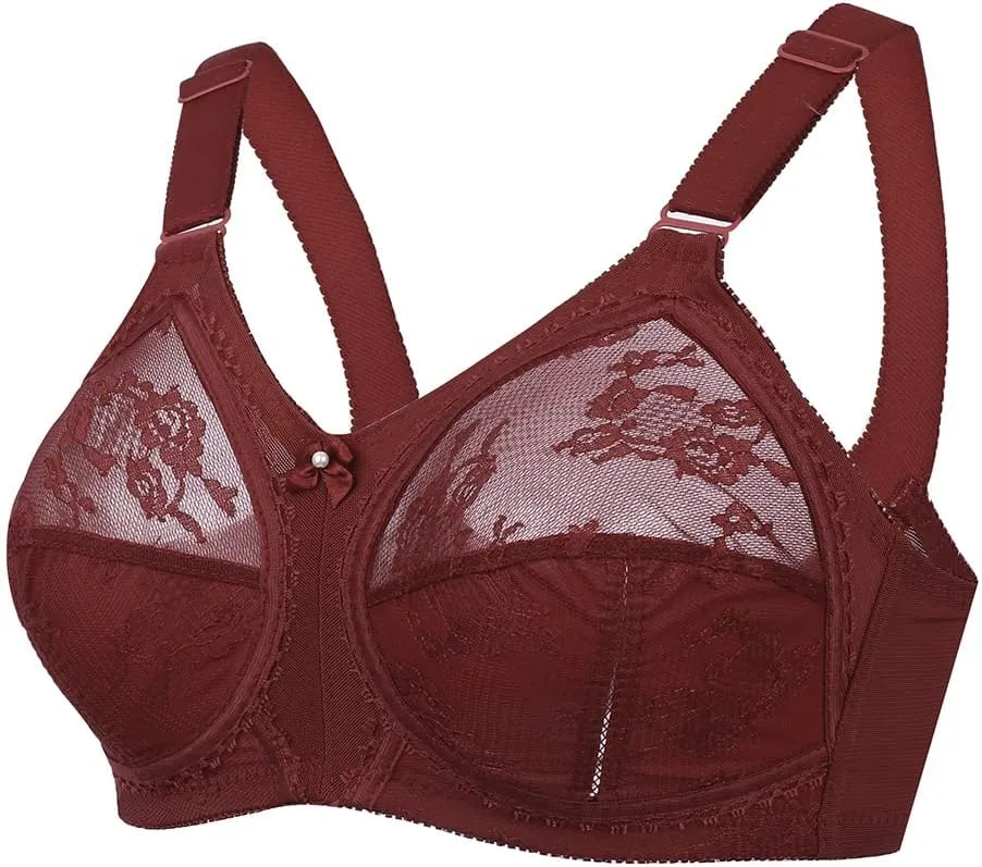 TELIMUSSTO Women's Floral Lace Bra Plus Size Firm Hold Non Wired Non Padded Full Coverage Minimizer