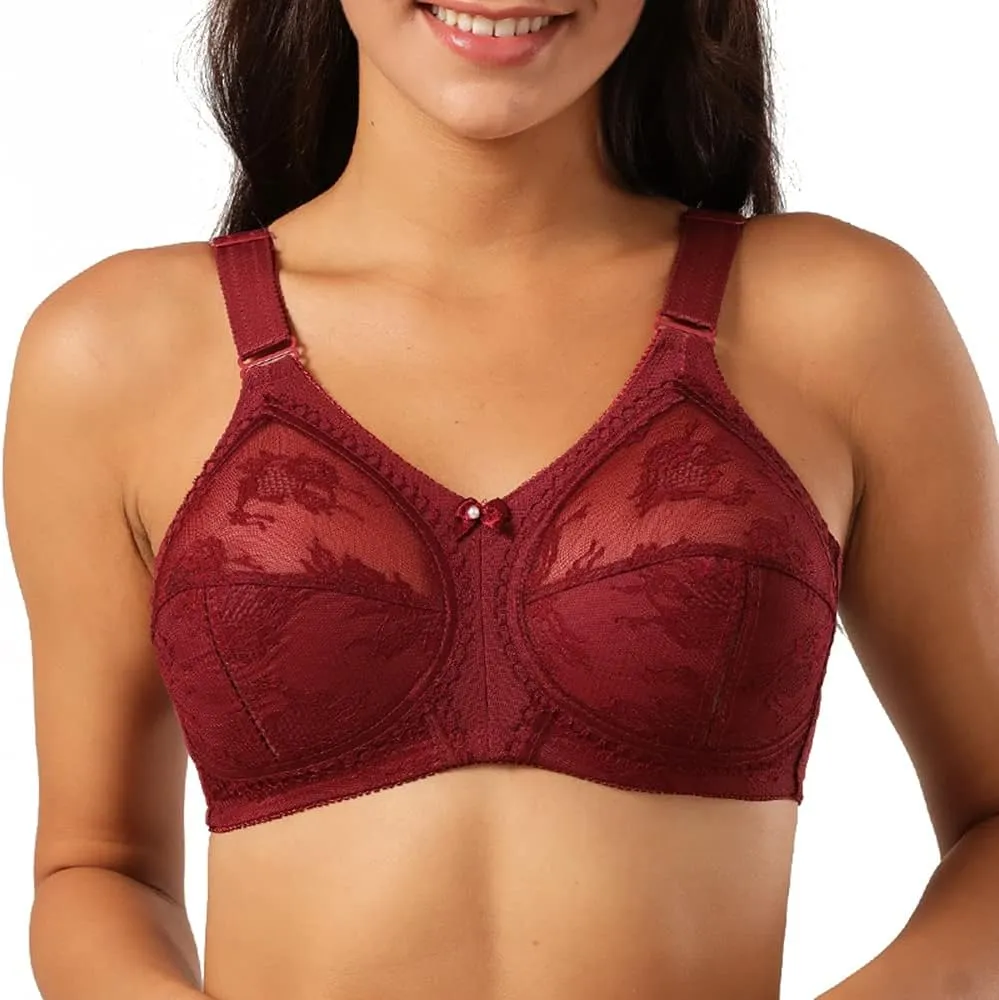 TELIMUSSTO Women's Floral Lace Bra Plus Size Firm Hold Non Wired Non Padded Full Coverage Minimizer