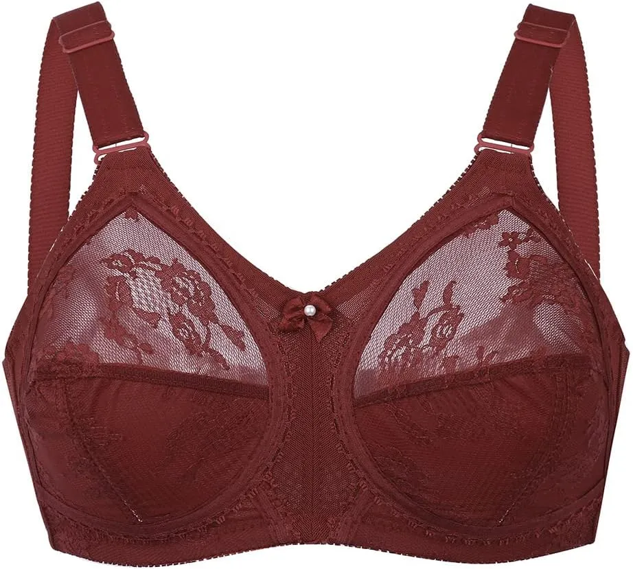 TELIMUSSTO Women's Floral Lace Bra Plus Size Firm Hold Non Wired Non Padded Full Coverage Minimizer