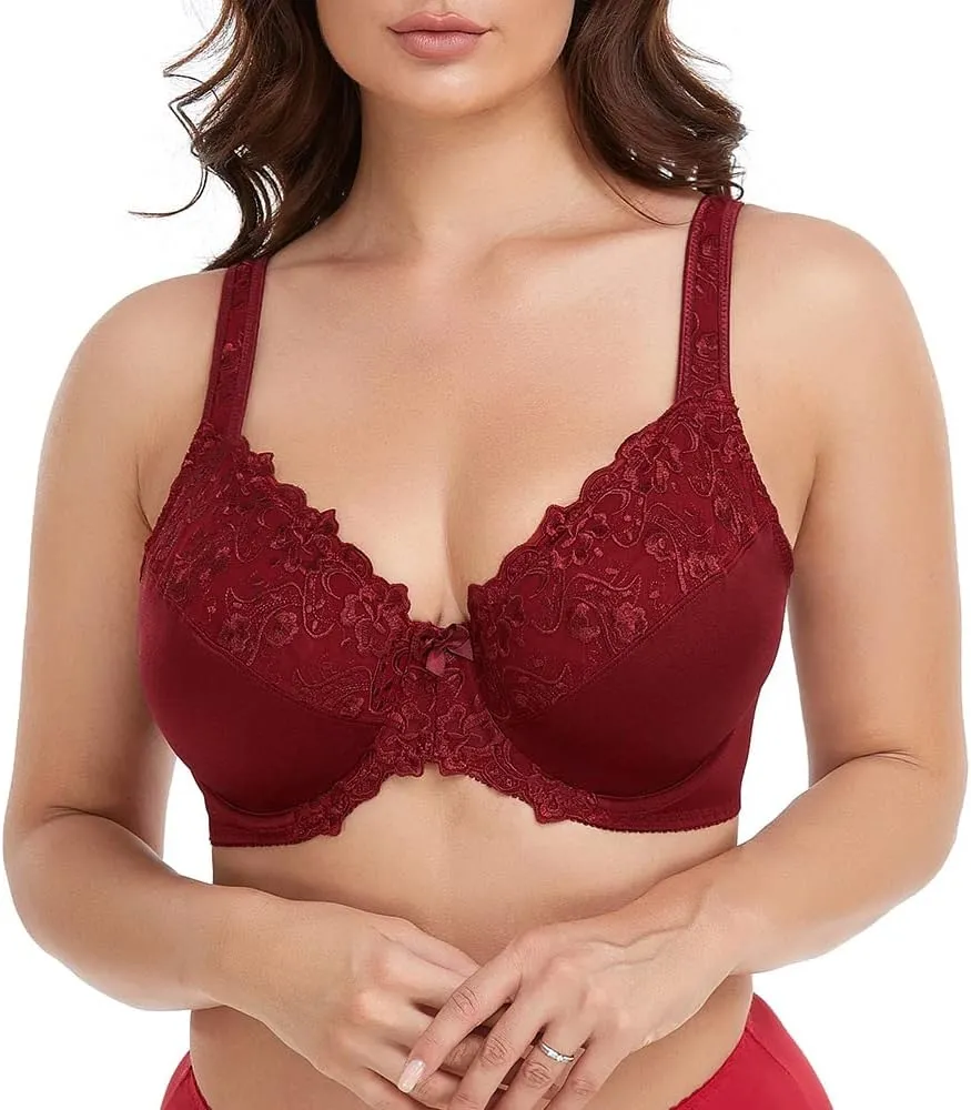 TELIMUSSTO Women's Full Coverage Underwire Bra Non Padded Floral Lace Bras Plus Size