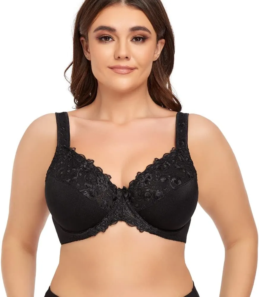 TELIMUSSTO Women's Full Coverage Underwire Bra Non Padded Floral Lace Bras Plus Size