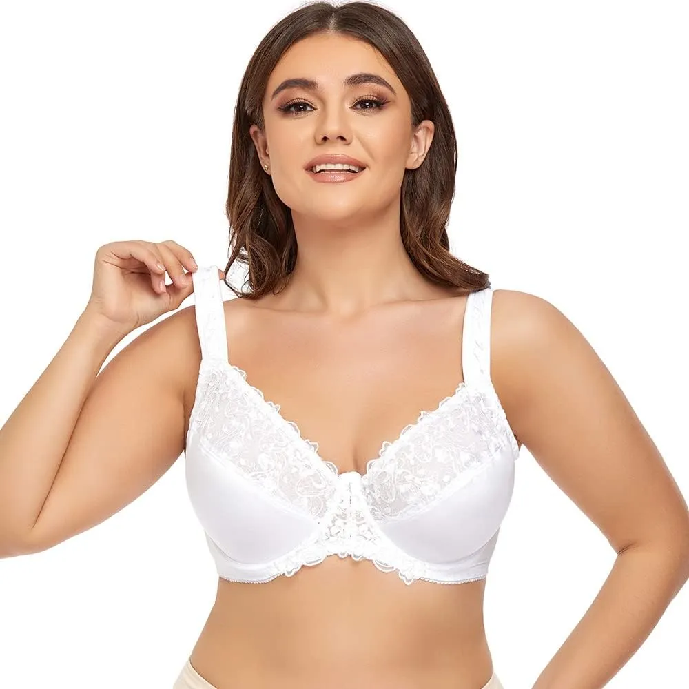 TELIMUSSTO Women's Full Coverage Underwire Bra Non Padded Floral Lace Bras Plus Size