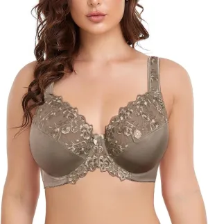 TELIMUSSTO Women's Full Coverage Underwire Bra Non Padded Floral Lace Bras Plus Size
