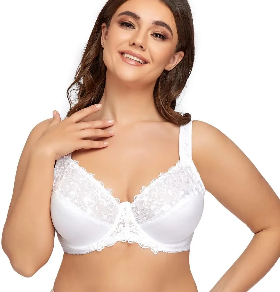 TELIMUSSTO Women's Full Coverage Underwire Bra Non Padded Floral Lace Bras Plus Size