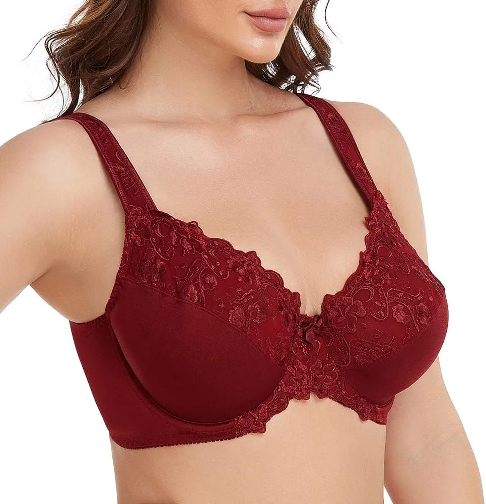 TELIMUSSTO Women's Full Coverage Underwire Bra Non Padded Floral Lace Bras Plus Size