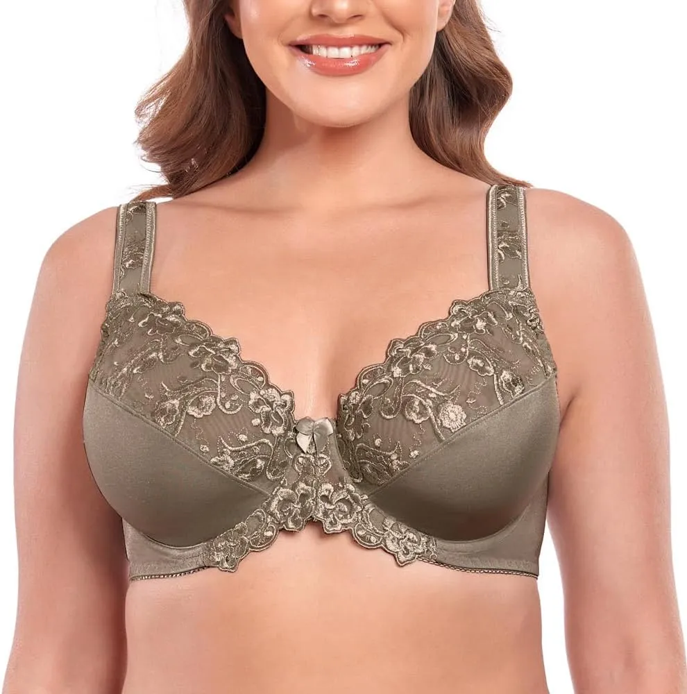 TELIMUSSTO Women's Full Coverage Underwire Bra Non Padded Floral Lace Bras Plus Size