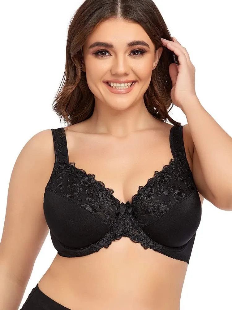 TELIMUSSTO Women's Full Coverage Underwire Bra Non Padded Floral Lace Bras Plus Size