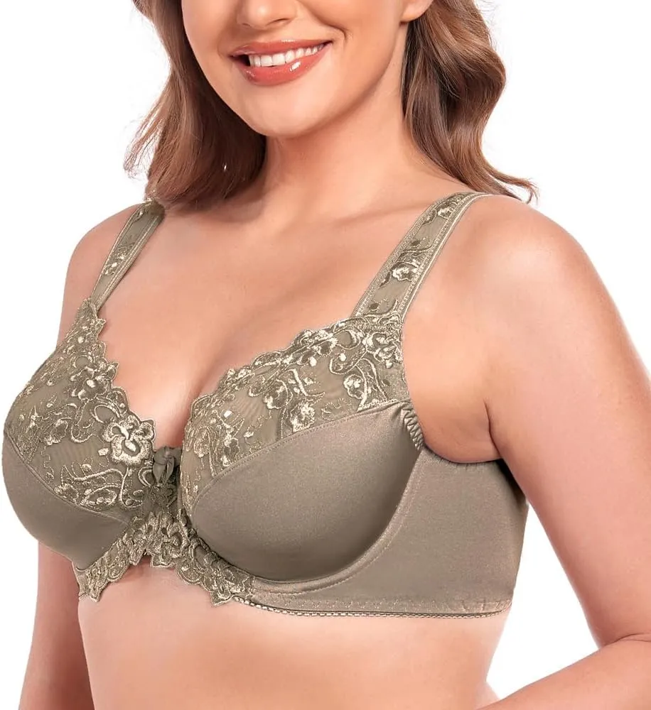 TELIMUSSTO Women's Full Coverage Underwire Bra Non Padded Floral Lace Bras Plus Size