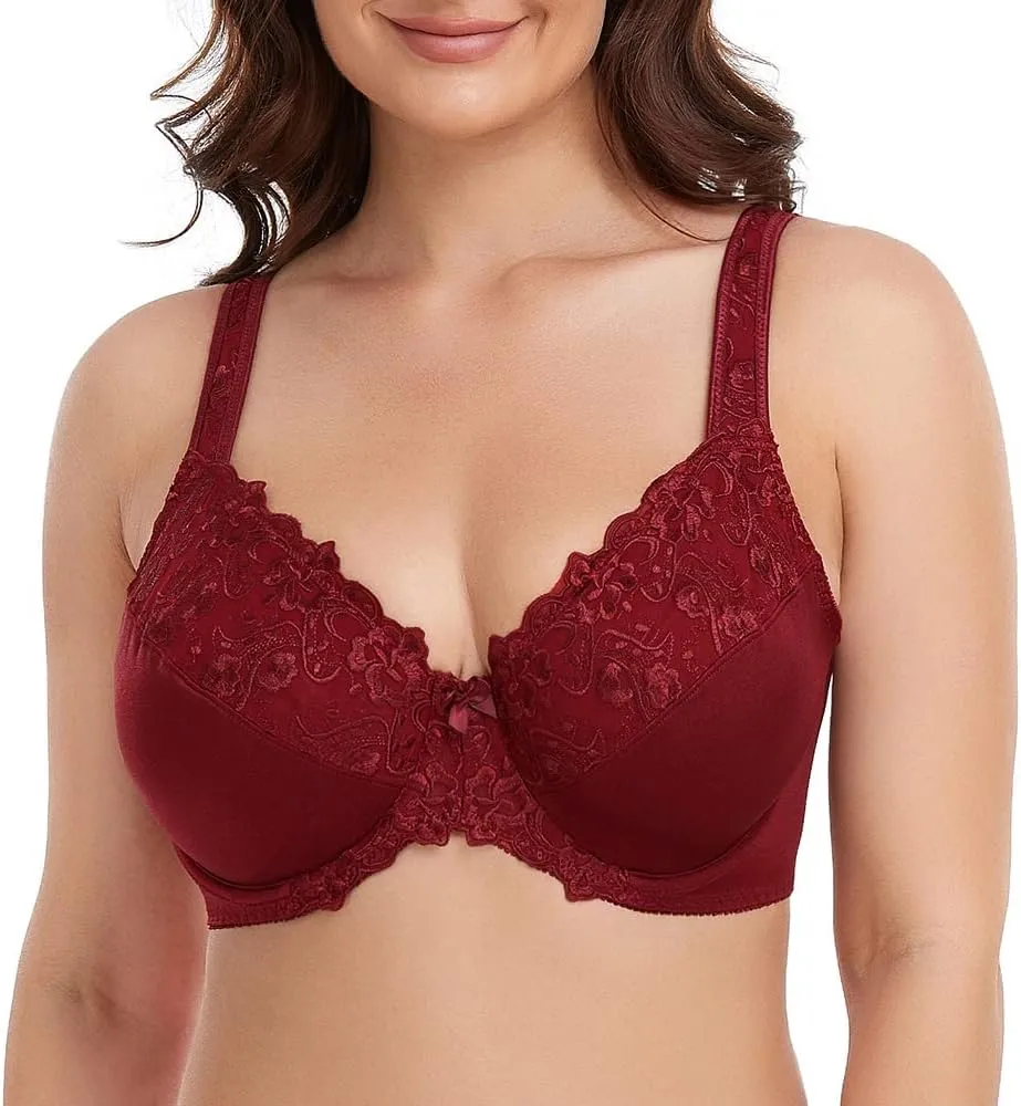 TELIMUSSTO Women's Full Coverage Underwire Bra Non Padded Floral Lace Bras Plus Size