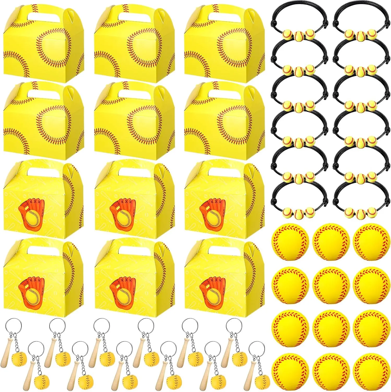 Teling 48 Pcs Softball Party Favors Include 12 Treat Boxes 12 Stress Ball 12 Charm Wristbands Bracelets 12 Keychain Baseball Gifts for Teens Adults Sport Party Supplies