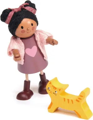 Tender Leaf Toys - Ayana and Her Cat - Wooden Miniatures Flexible Doll, Multicultural Action Figure for Dollhouse - Encourage Creative and Imaginative Fun Play for Children - Age 3 