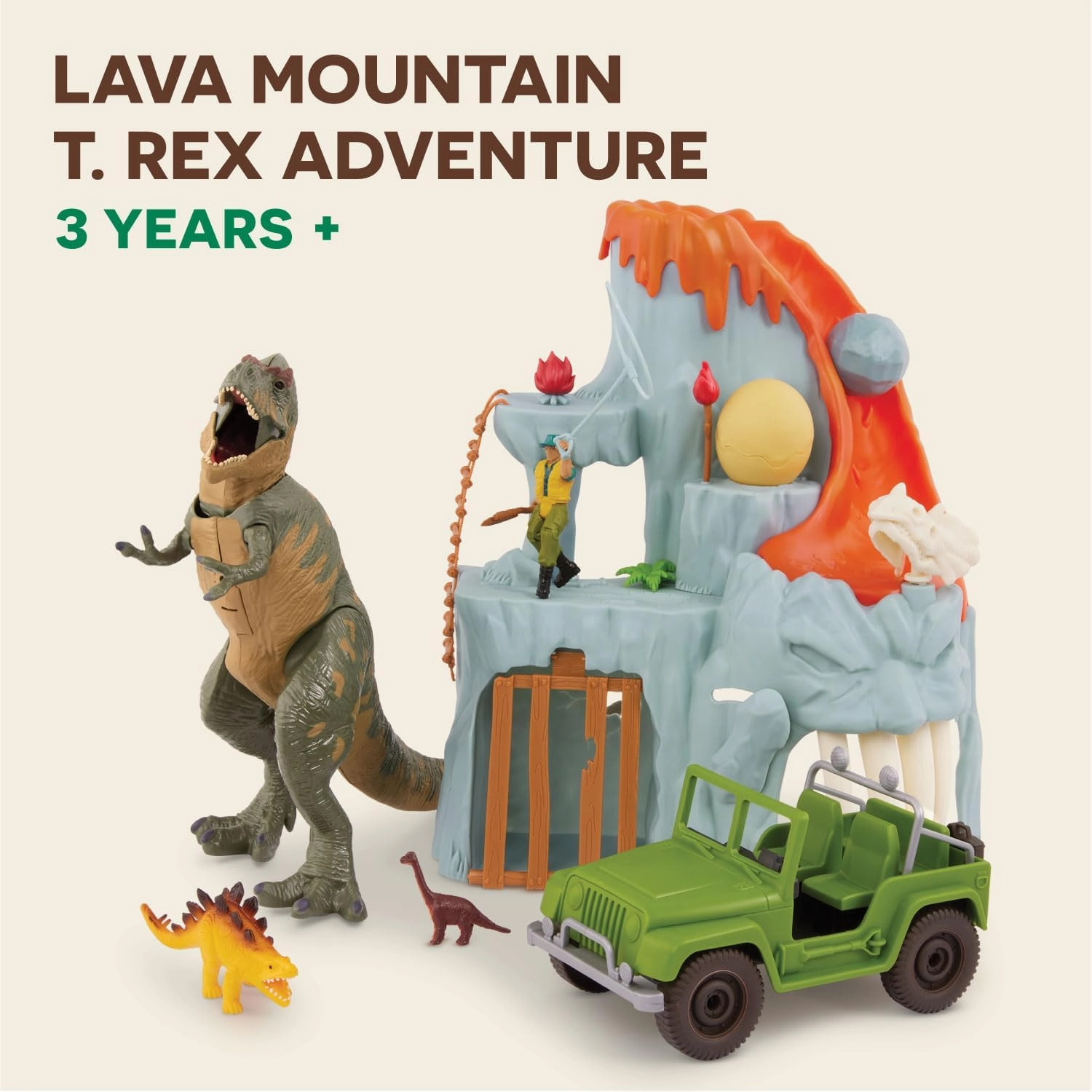 Terra by Battat – 14 Pcs Lava Mountain T-Rex Adventure Playset - Electronic Dinosaur with Light-Up Eyes - Movable Roaring T-Rex Toy for Kids Ages 3 