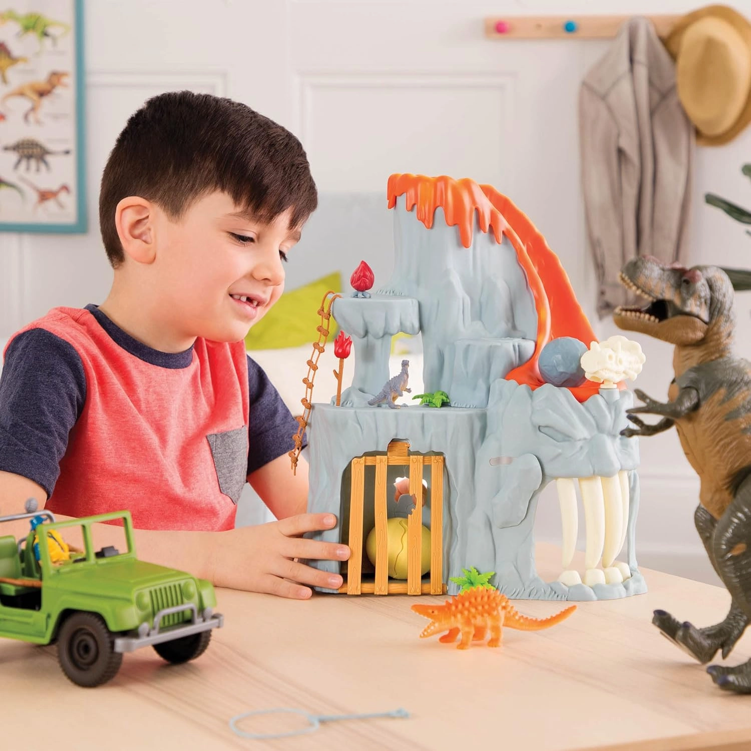 Terra by Battat – 14 Pcs Lava Mountain T-Rex Adventure Playset - Electronic Dinosaur with Light-Up Eyes - Movable Roaring T-Rex Toy for Kids Ages 3 