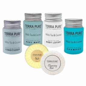 Terra Pure White Tea and Coconut | 150 pcs 1oz Shampoo and Conditioner, Body Wash, Lotion, 1.25oz Cleansing Bar and 100 pcs Bar Soap