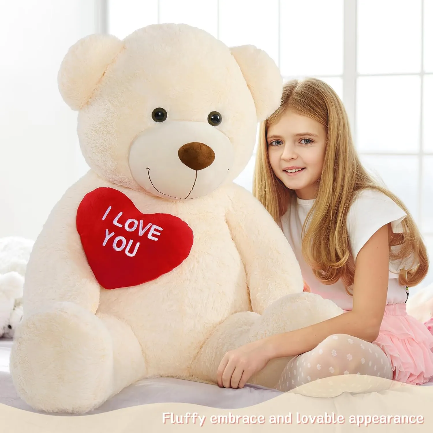 Tezituor Giant Teddy Bear Stuffed Animal 5Ft with Heart,Large Cream I Love You Bear Plush Toys for Kids Gift for Girlfriend