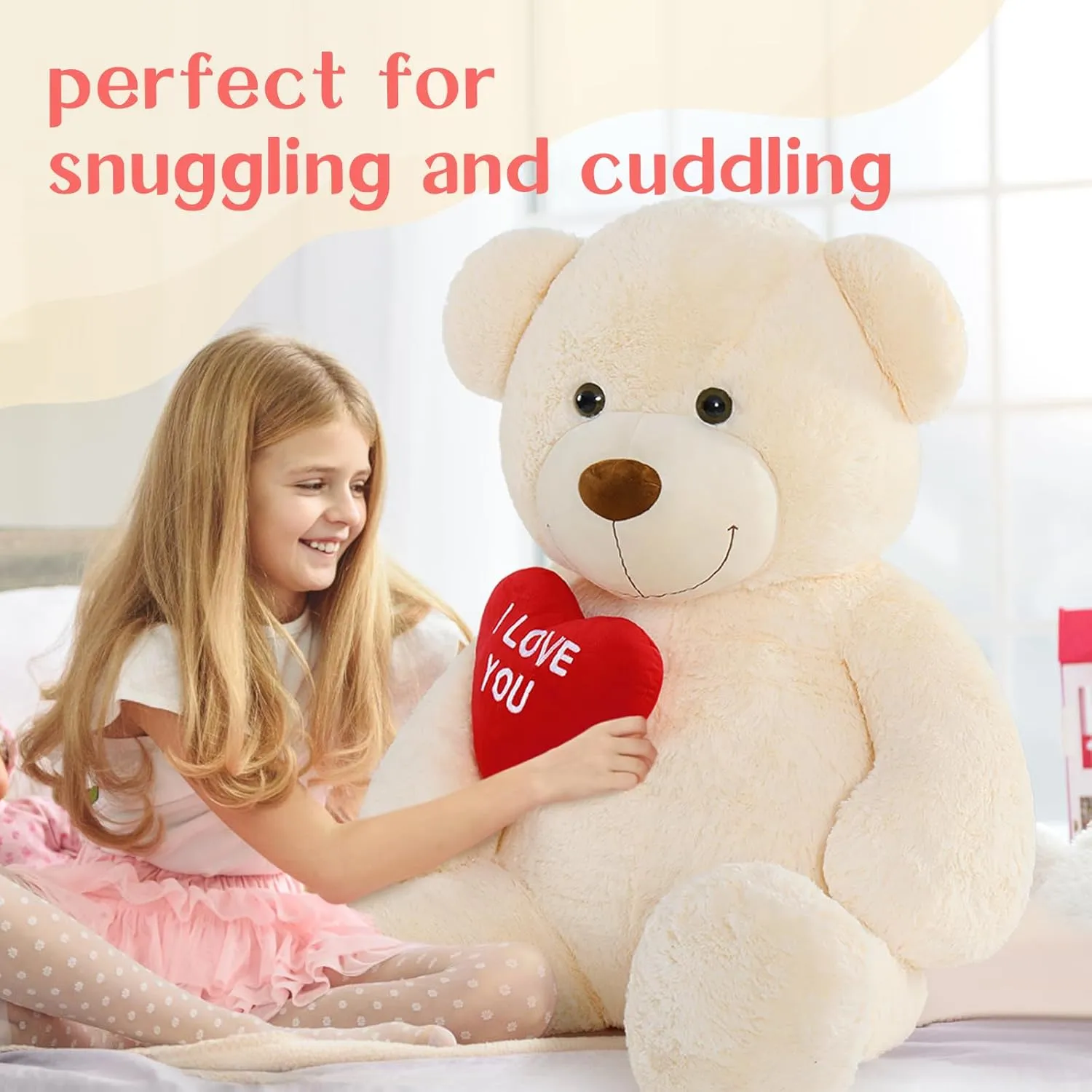 Tezituor Giant Teddy Bear Stuffed Animal 5Ft with Heart,Large Cream I Love You Bear Plush Toys for Kids Gift for Girlfriend