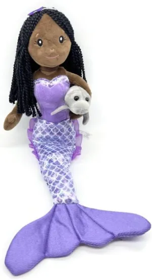 The Petting Zoo Mermaid Doll with Manatee Stuffed Animal- Great Gifts for Girls, Mermaid Plush Doll with Manatee Plush Toy, 17 inch (African American)