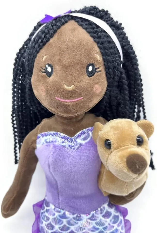 The Petting Zoo Mermaid Doll with Sea Lion Stuffed Animal- Great Gifts for Girls, Mermaid Plush Doll with Sea Lion Plush Toy, 17 inch (African American)