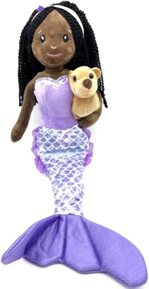 The Petting Zoo Mermaid Doll with Sea Lion Stuffed Animal- Great Gifts for Girls, Mermaid Plush Doll with Sea Lion Plush Toy, 17 inch (African American)