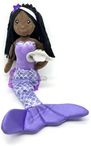 The Petting Zoo Mermaid Doll with Stingray Stuffed Animal- Great Gifts for Girls, Mermaid Plush Doll with Stingray Plush Toy, 17 inch (African American)