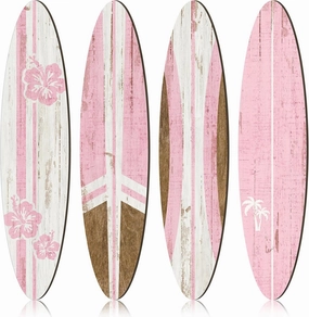 Threan 4 Pcs Surfboard Wall Decors 23.6 x 5.4 Inch Pink Girls Room Decor Preppy Surf Board Hanging Signs Aesthetic Large Wooden Beachy Tropical Wall Art for Surfer Bedroom Living Room Bathroom Decors