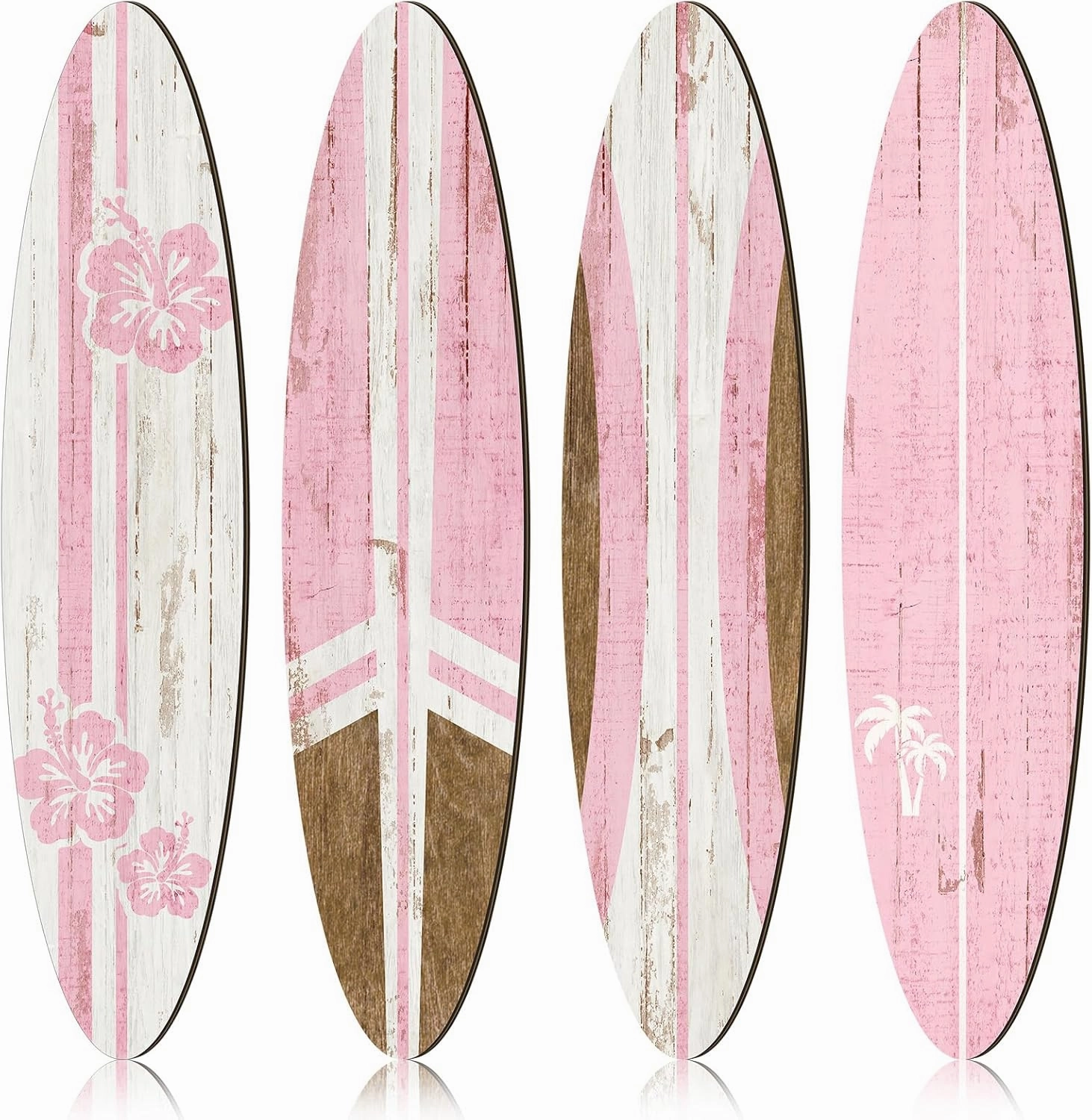 Threan 4 Pcs Surfboard Wall Decors 23.6 x 5.4 Inch Pink Girls Room Decor Preppy Surf Board Hanging Signs Aesthetic Large Wooden Beachy Tropical Wall Art for Surfer Bedroom Living Room Bathroom Decors
