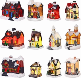 Thyle 12 Pcs Christmas Village Sets Winter Resin Christmas Village Houses LED Lighted Christmas Village Collection Battery Operated Christmas Village Display for Xmas Town Scene Desktop Decoration