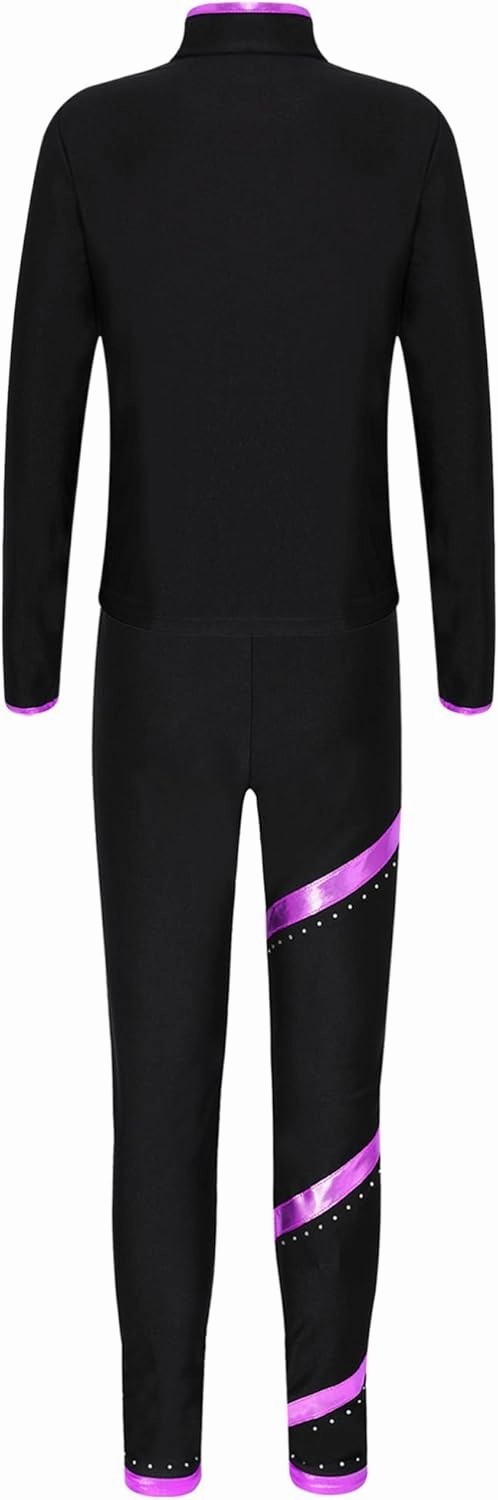 TiaoBug Kids Girls Figure Skating Outfits Roller Ice Skating Practice Training Suit Spiral Jacket Pants Tracksuit Set