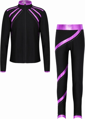 TiaoBug Kids Girls Figure Skating Outfits Roller Ice Skating Practice Training Suit Spiral Jacket Pants Tracksuit Set