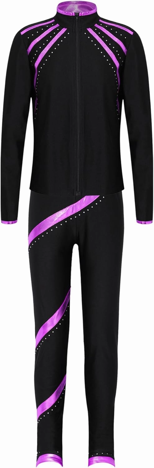 TiaoBug Kids Girls Figure Skating Outfits Roller Ice Skating Practice Training Suit Spiral Jacket Pants Tracksuit Set