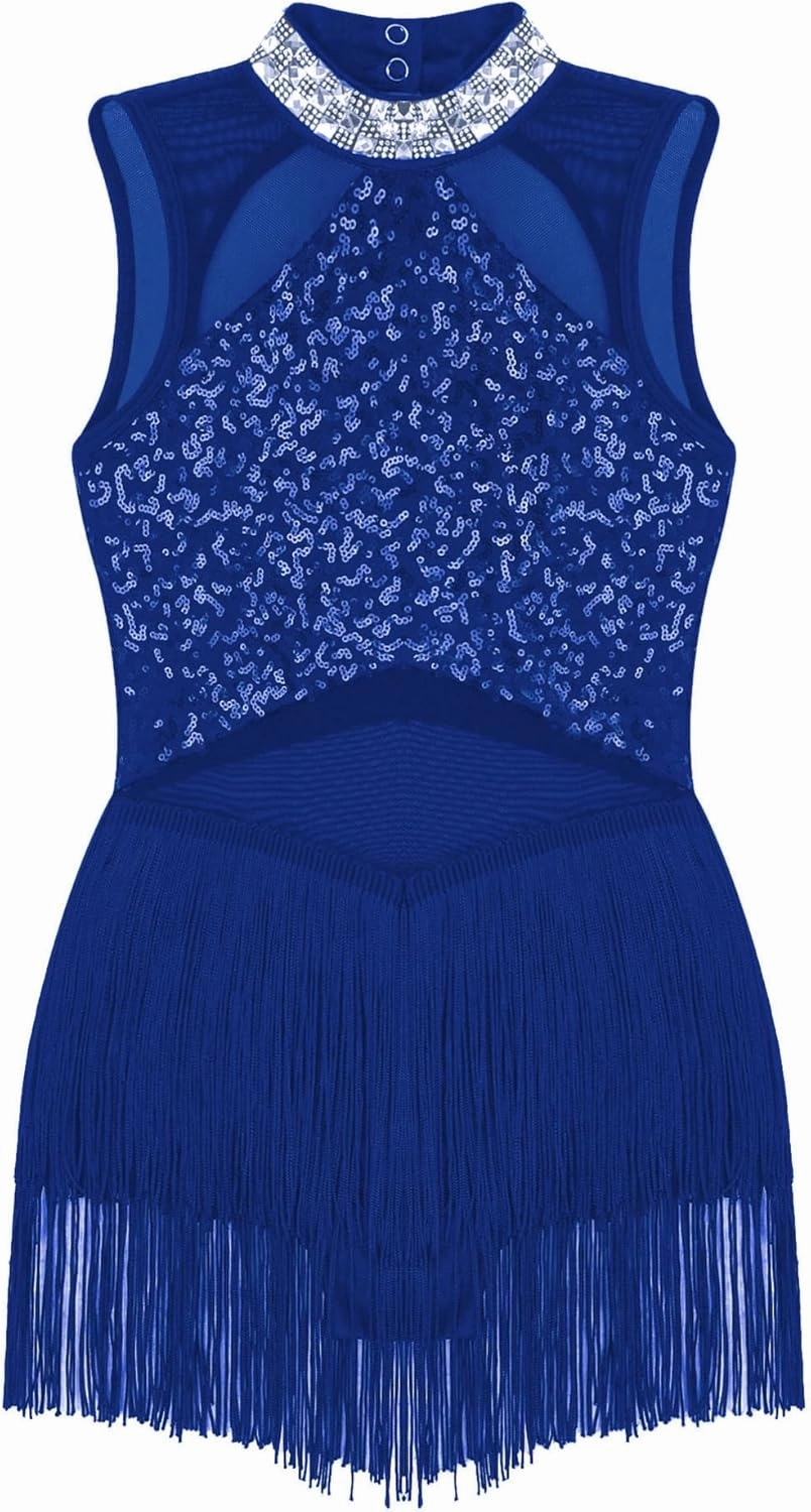 TiaoBug Kids Girls Rhinestone Sequins Leotard Tassel Dress Latin Jazz Modern Samba Tango Dance Ballroom Dancewear