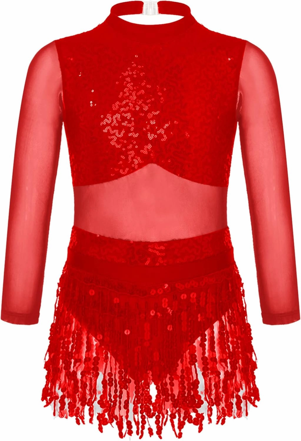 TiaoBug Kids Girls Sequins Tassel Hem Long Sleeve Mesh Splice Latin Dance Leotard Dress Jazz Samba Rumba Dancewear