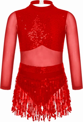 TiaoBug Kids Girls Sequins Tassel Hem Long Sleeve Mesh Splice Latin Dance Leotard Dress Jazz Samba Rumba Dancewear