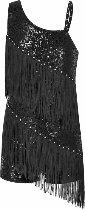 TiaoBug Kids Girls Sleeveless Sequins Tassel Fringe Party Dress for Latin Jazz Ballroom Tango Samba Rumba Salsa Dance