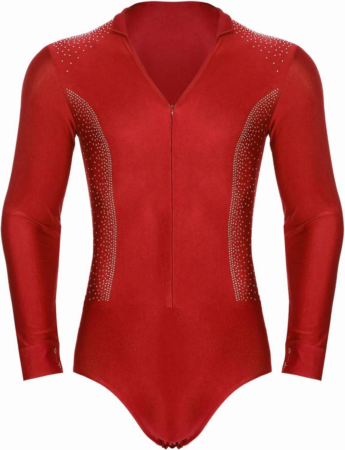 TiaoBug Men's Tango Latin Dance Leotard Shirts Shiny Rhinestone Long Sleeve Chacha Rumba Samba