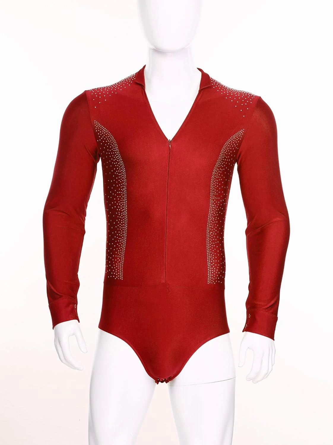 TiaoBug Men's Tango Latin Dance Leotard Shirts Shiny Rhinestone Long Sleeve Chacha Rumba Samba