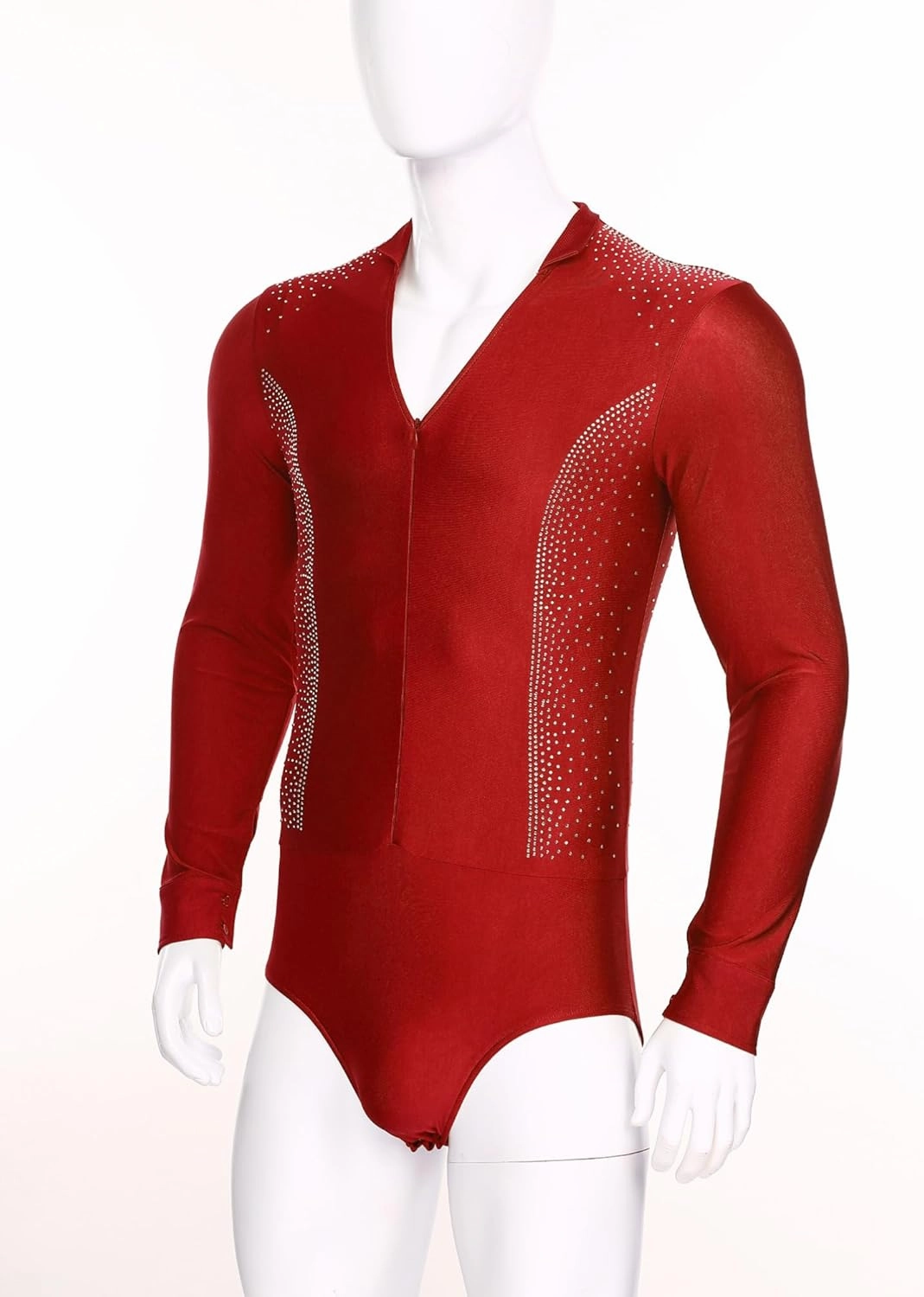 TiaoBug Men's Tango Latin Dance Leotard Shirts Shiny Rhinestone Long Sleeve Chacha Rumba Samba