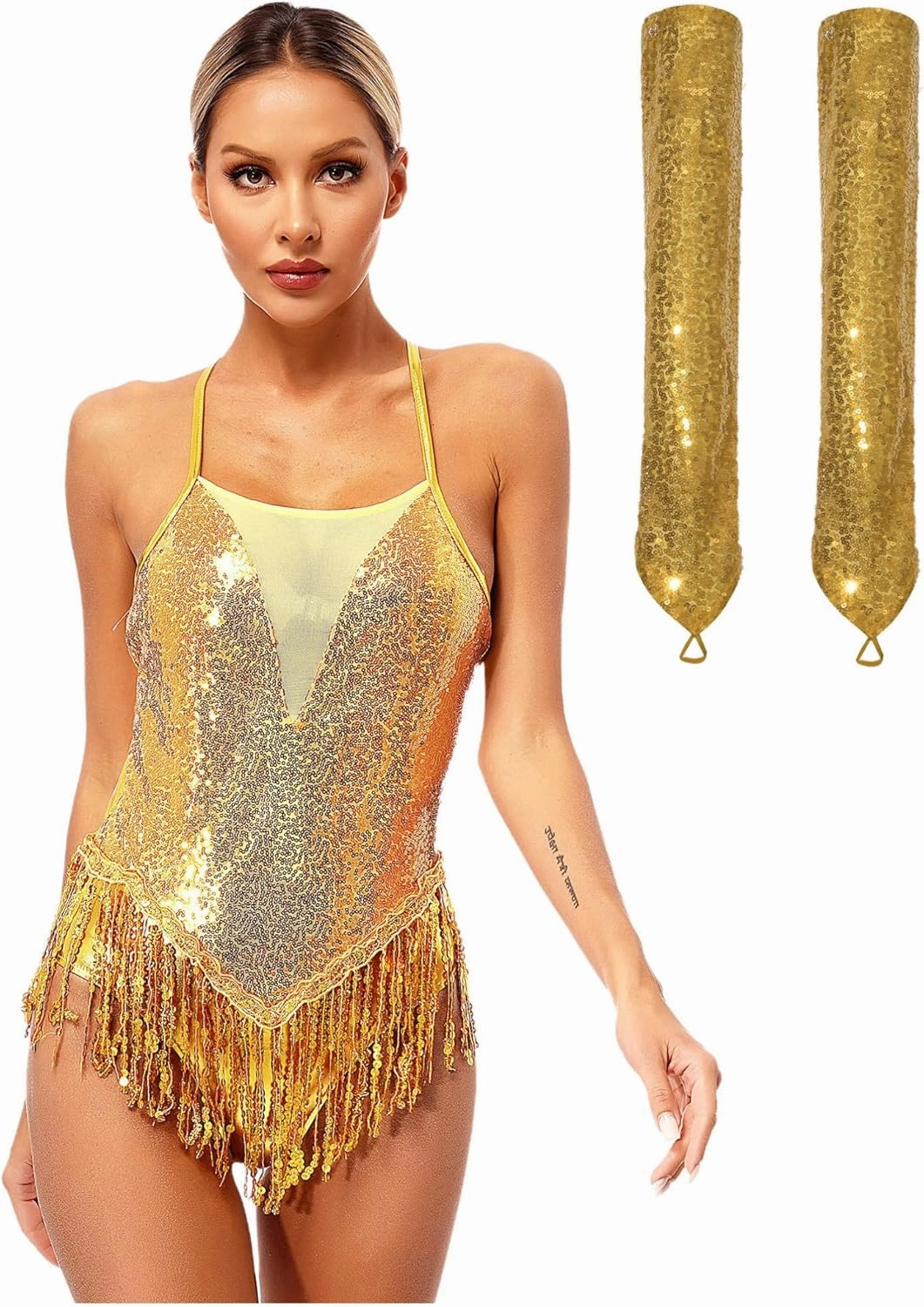 TiaoBug Women Latin Dance Outfits Fringe Samba Dress Sequin Tassel Leotard Cross Back Dress with Gloves