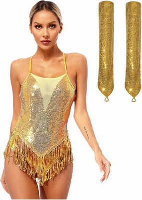 TiaoBug Women Latin Dance Outfits Fringe Samba Dress Sequin Tassel Leotard Cross Back Dress with Gloves