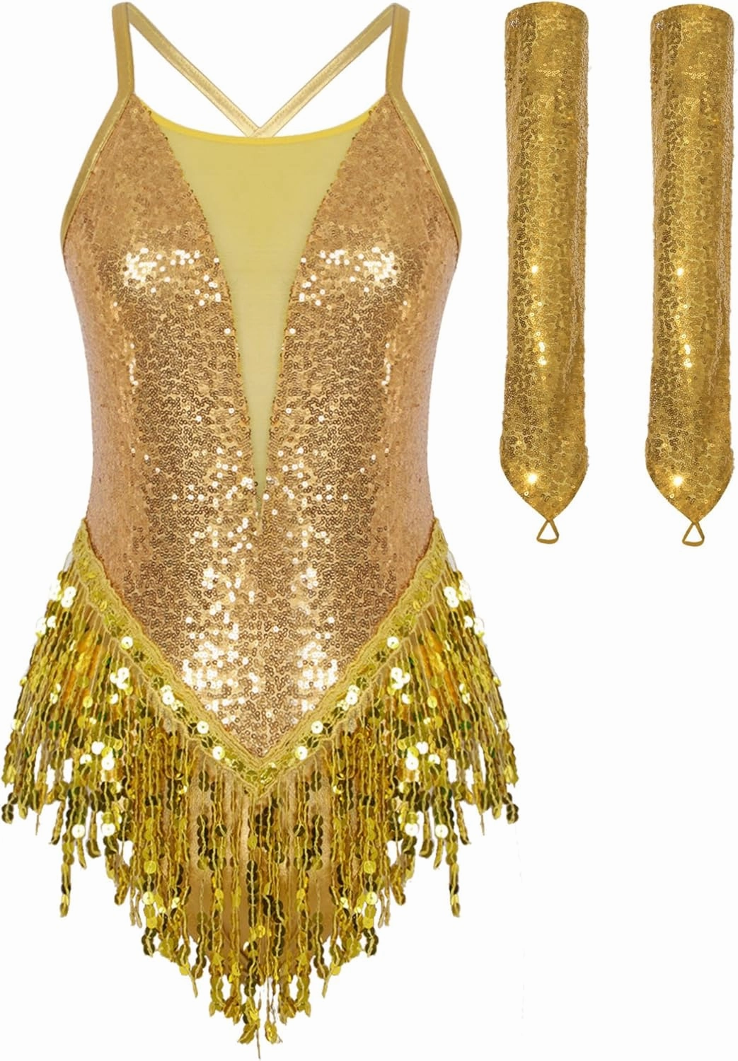 TiaoBug Women Latin Dance Outfits Fringe Samba Dress Sequin Tassel Leotard Cross Back Dress with Gloves