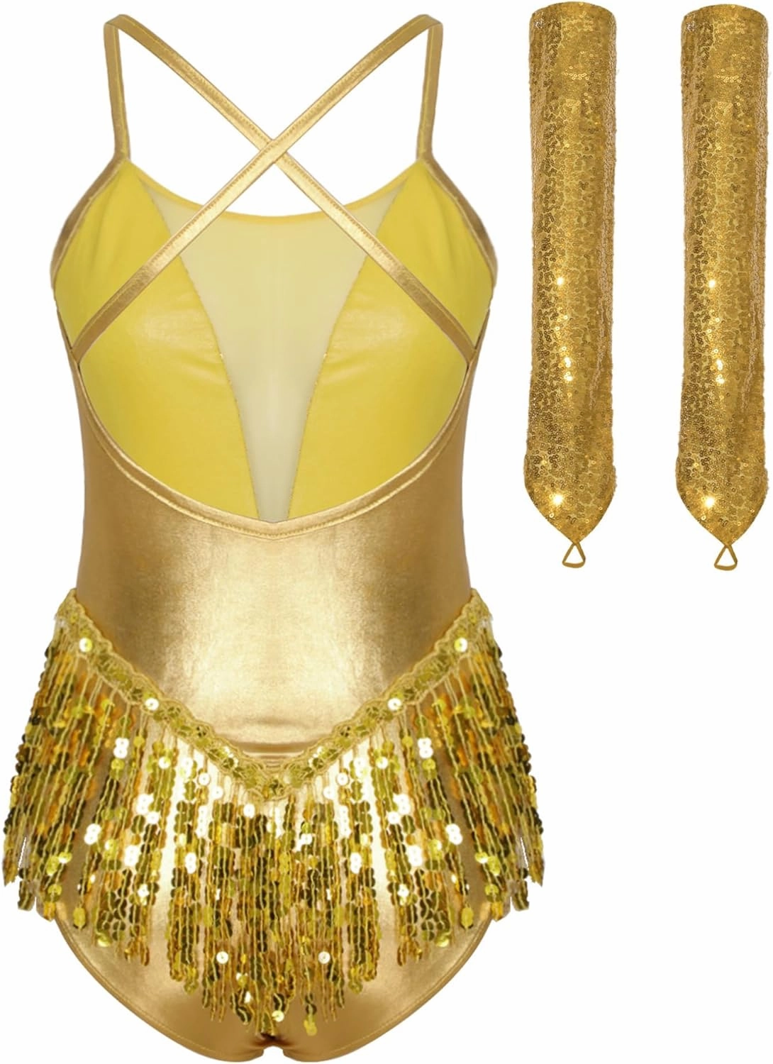 TiaoBug Women Latin Dance Outfits Fringe Samba Dress Sequin Tassel Leotard Cross Back Dress with Gloves