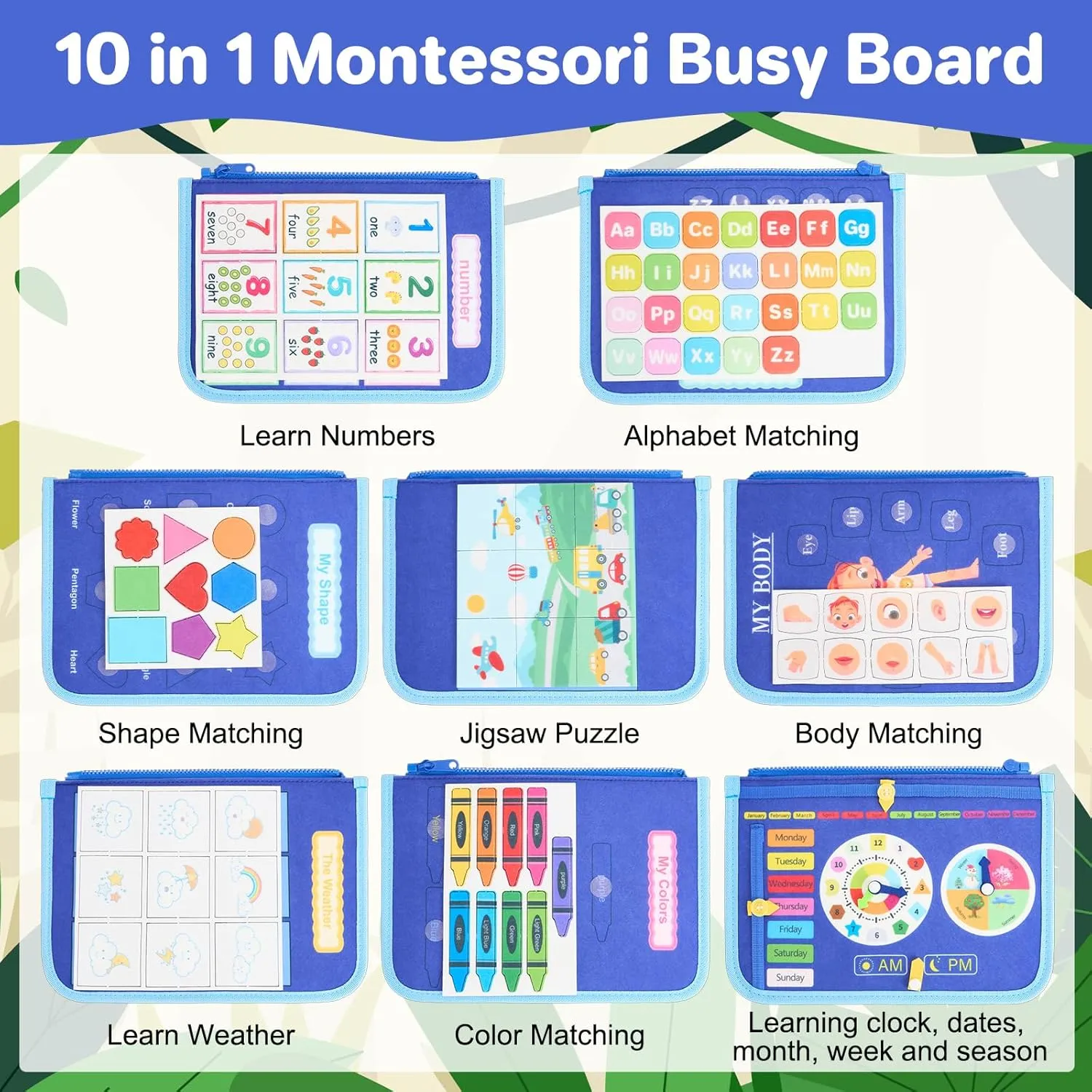 Toddler Busy Board Montessori Toys, Sensory Toys for 1 2 3 4 Year Old Boy, Busy Book Travel Educational Activities for Learning Fine Motor Skills Birthday Gifts (Blue Dinosaur/P10)