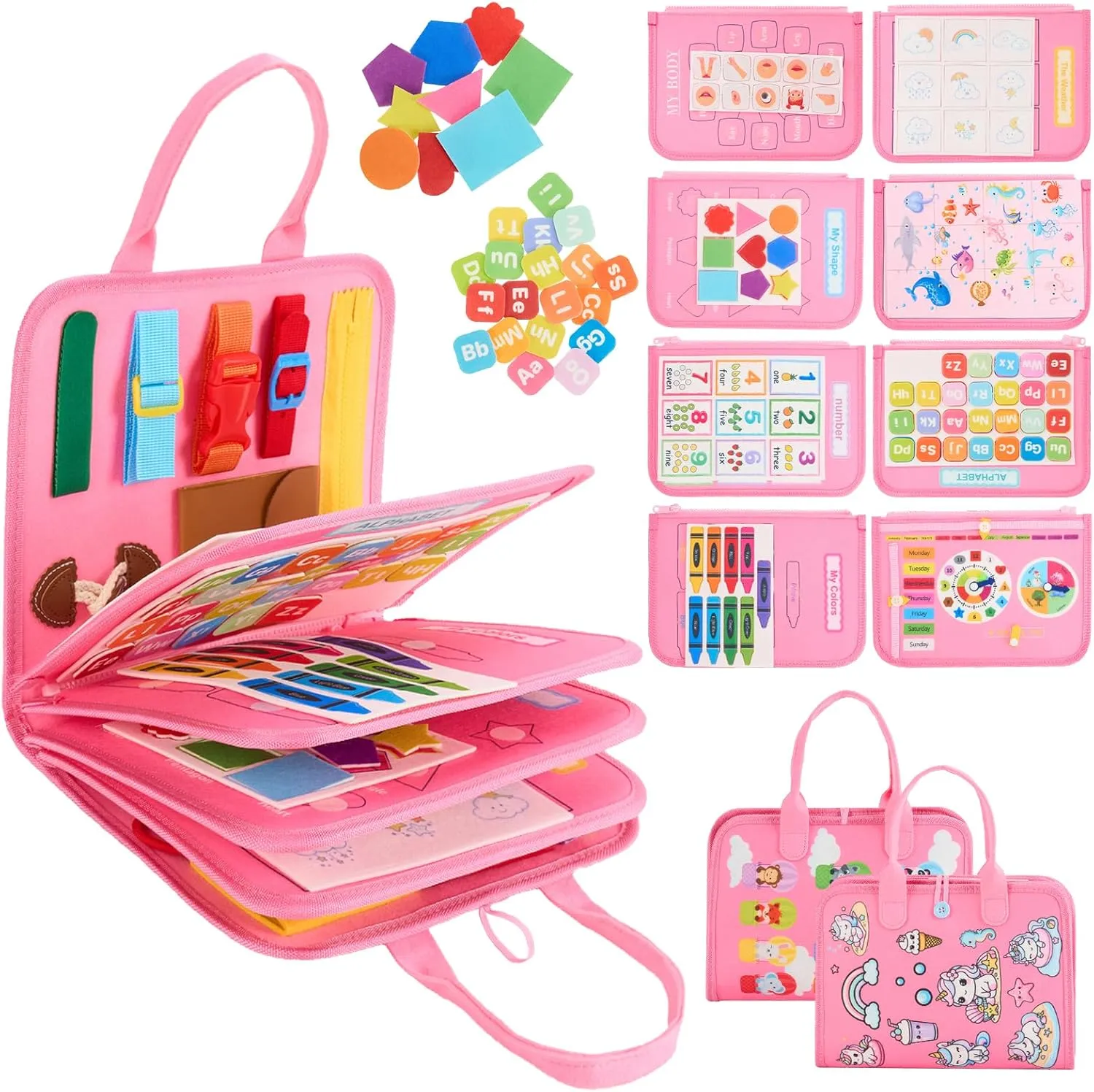 Toddler Busy Board Montessori Toys, Sensory Toys for 1 2 3 4 Year Old Girl, Busy Book Travel Educational Activities for Learning Fine Motor Skills Birthday Gifts (Pink Unicorn/P10)