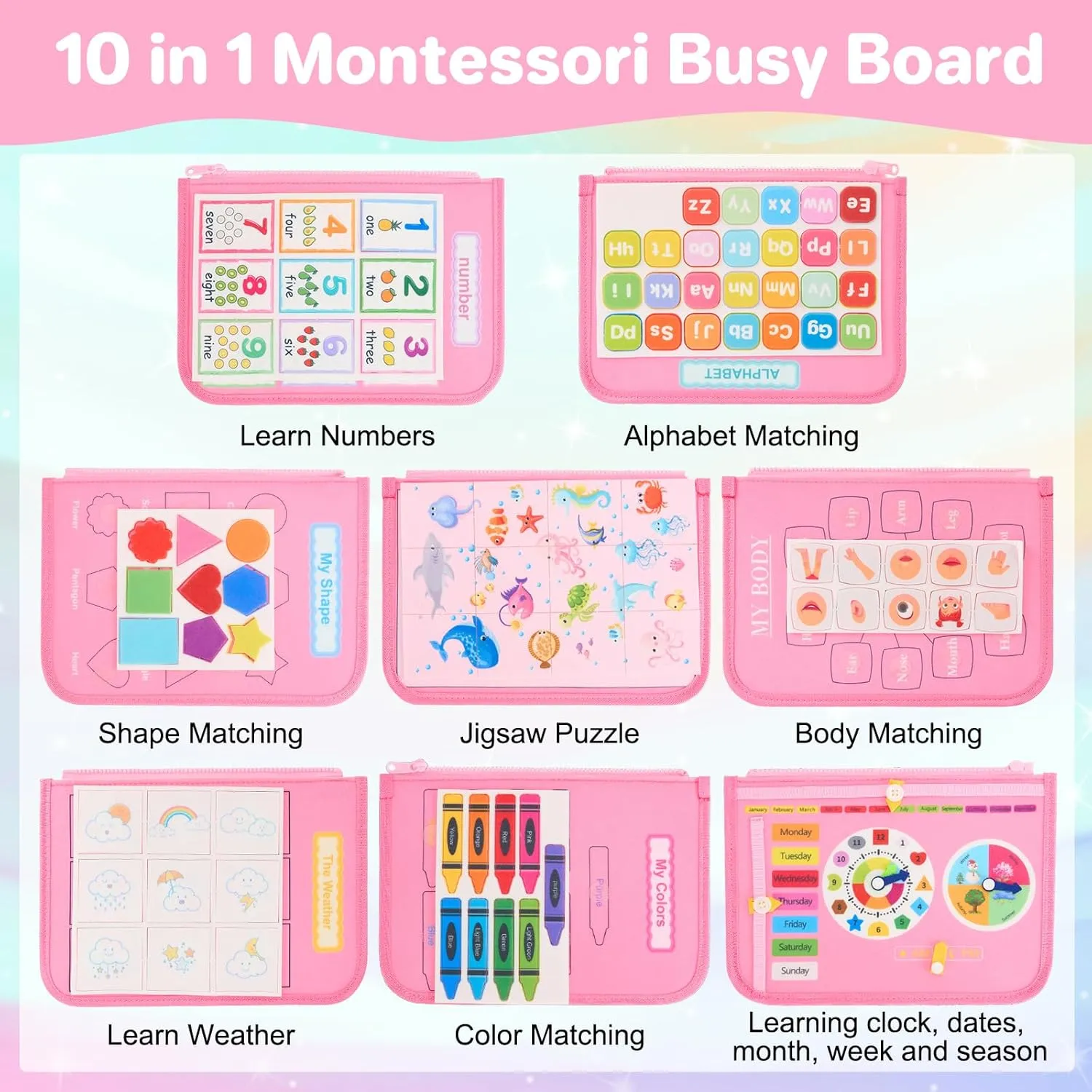 Toddler Busy Board Montessori Toys, Sensory Toys for 1 2 3 4 Year Old Girl, Busy Book Travel Educational Activities for Learning Fine Motor Skills Birthday Gifts (Pink Unicorn/P10)
